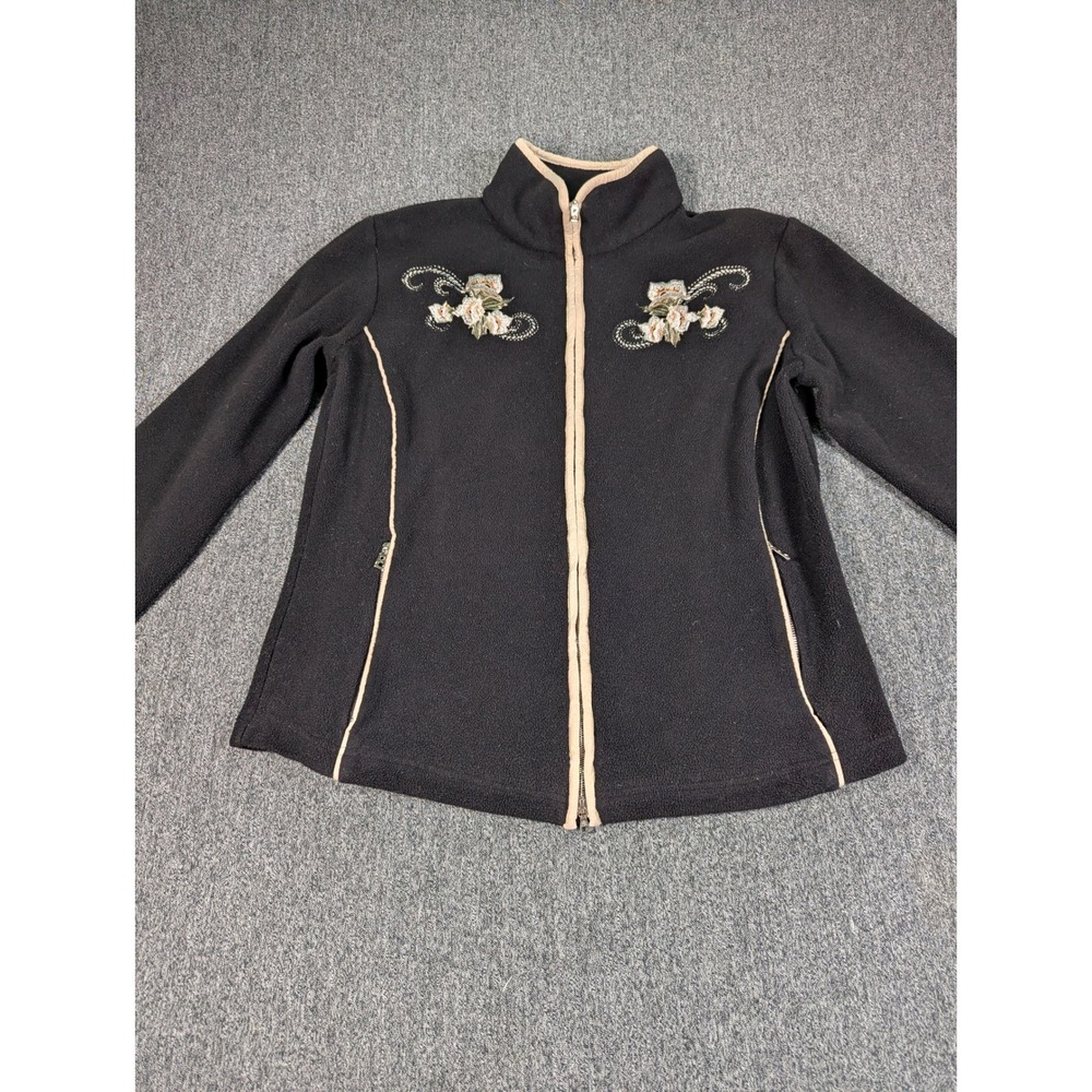 Bogner Womens Full Zip Fleece Jacket Black Floral Embroidered Mock Neck Slovenia